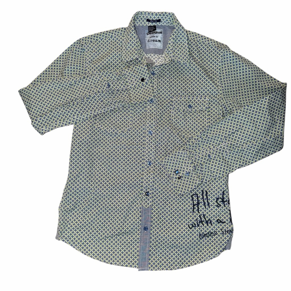 Men’s Desigual Button Down Shirt M Green Blue Geometric Slim Fit Casual